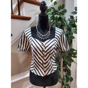 June Hudson Women's Cream Black Striped Sweetheart Neck Button Down Shirt Medium